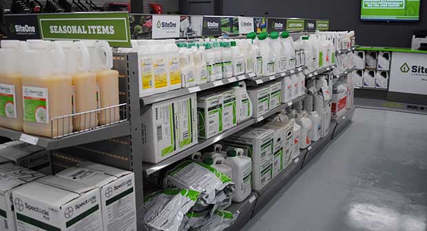 Lawn care pesticides on shelves